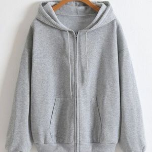 Drawstring Pocket Zip Up Grey Lined Hoodie